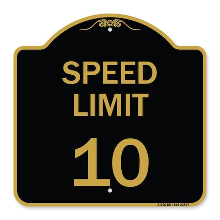 Speed Reduction Sign Speed Limit 10 Mph, Black & Gold Aluminum Architectural Sign